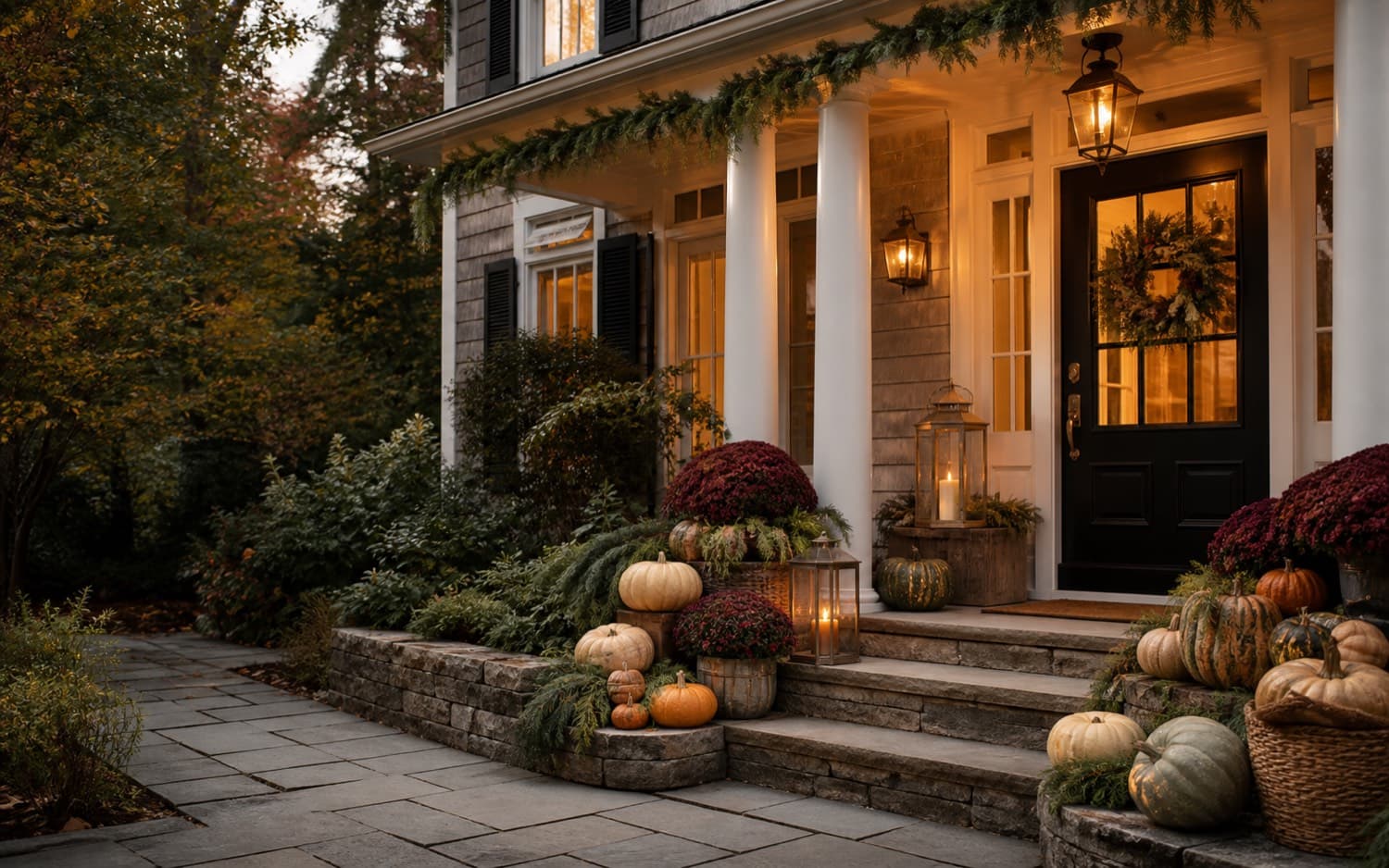 AI design concept of an elegant New England porch styled with pumpkins, mums, garland, and lanterns